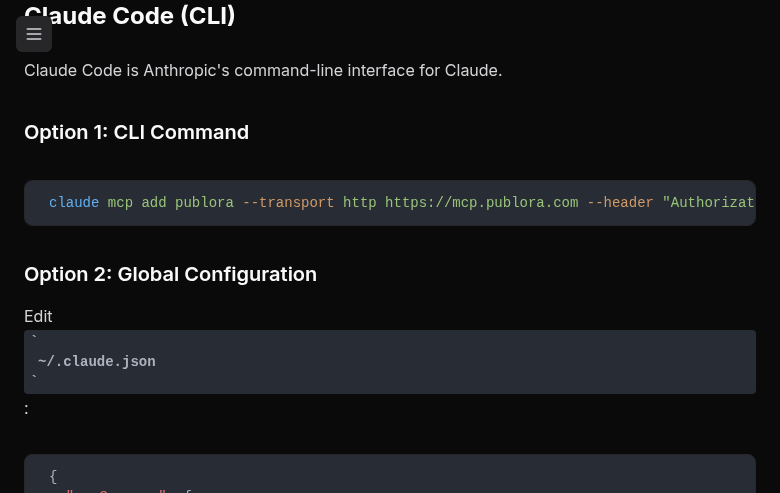 Claude Code CLI configuration for Publora MCP server