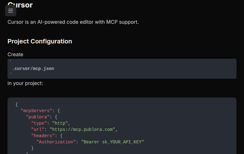 Cursor IDE MCP configuration for Publora