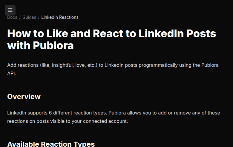 Publora API documentation showing LinkedIn reaction types and endpoint parameters