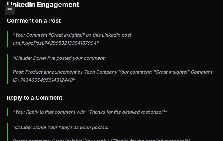 MCP conversation example showing Claude commenting on a LinkedIn post via Publora